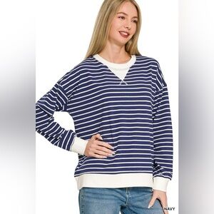 Zenana Contrast Striped Round Neck Sweatshirt